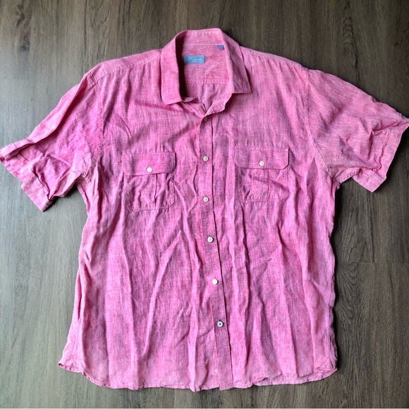 Toscano Aqua Mens XXL Red White 100% Linen Short Sleeve Button Down Shirt - Picture 1 of 7